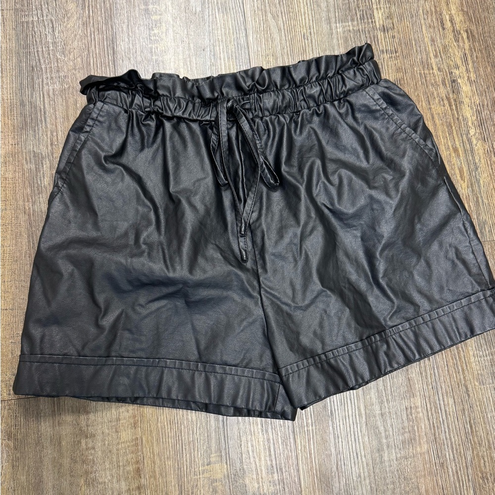 Glam Black Faux Leather High-Waist Drawstring Shorts